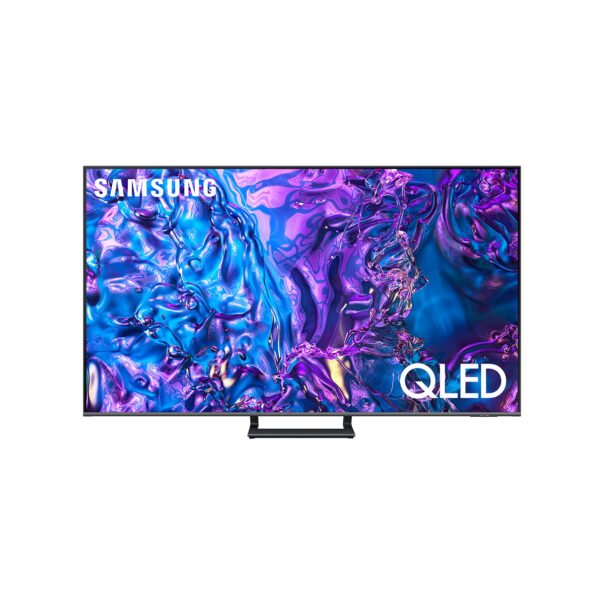 Samsung QLED 65" TV displaying vibrant abstract visuals in blue and purple.