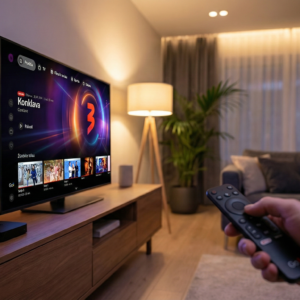 Modernus go3 priedėlis, prijungtas prie televizoriaus svetainėje.