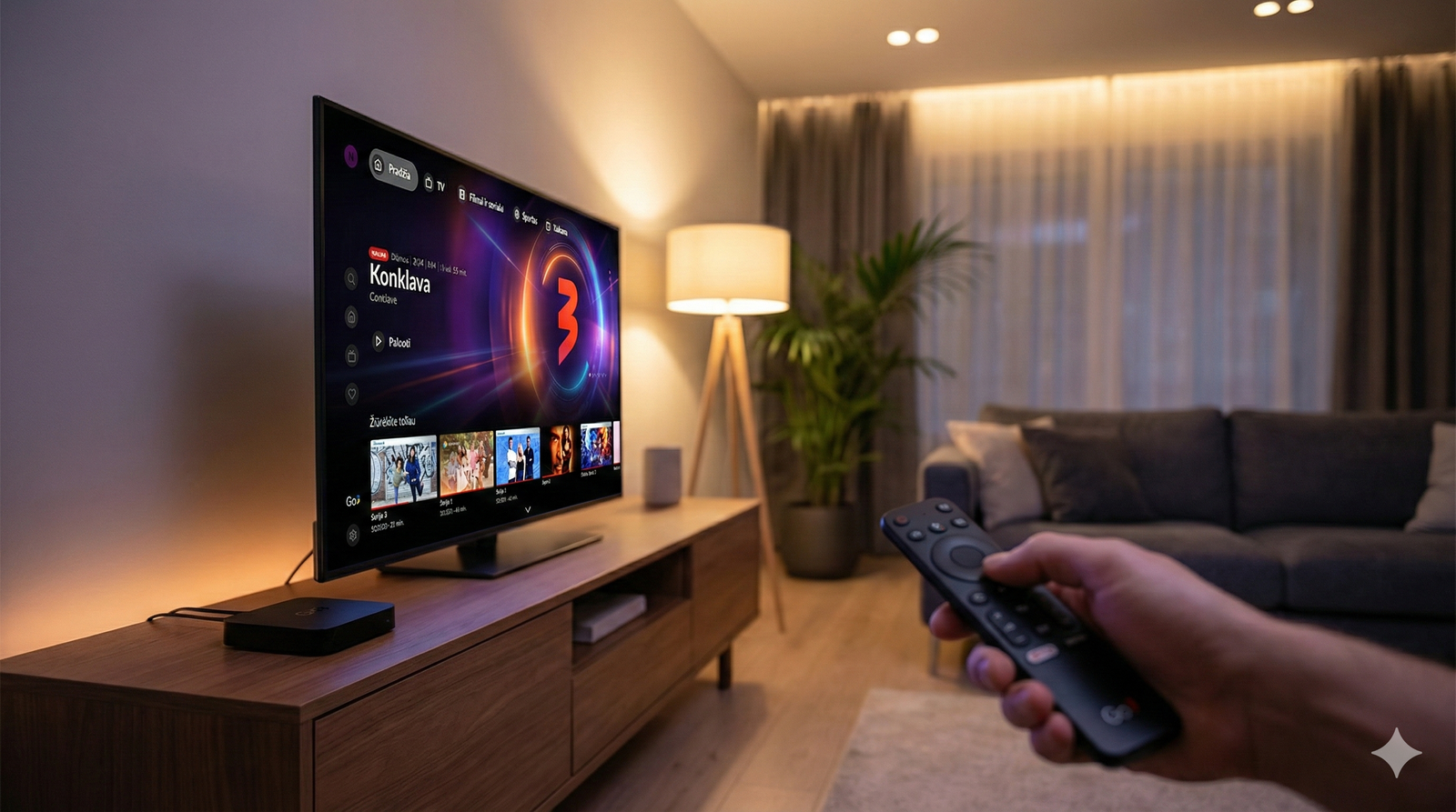 Modernus go3 priedėlis, prijungtas prie televizoriaus svetainėje.