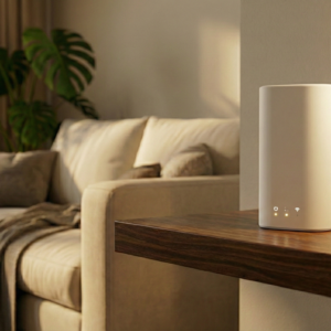 Modernus wi-fi maršrutizatorius namams, pastatytas ant lentynos jaukioje svetainėje, užtikrinantis greitą ir stabilų interneto ryšį.