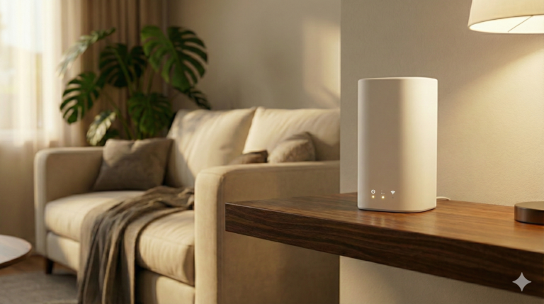 Modernus wi-fi maršrutizatorius namams, pastatytas ant lentynos jaukioje svetainėje, užtikrinantis greitą ir stabilų interneto ryšį.