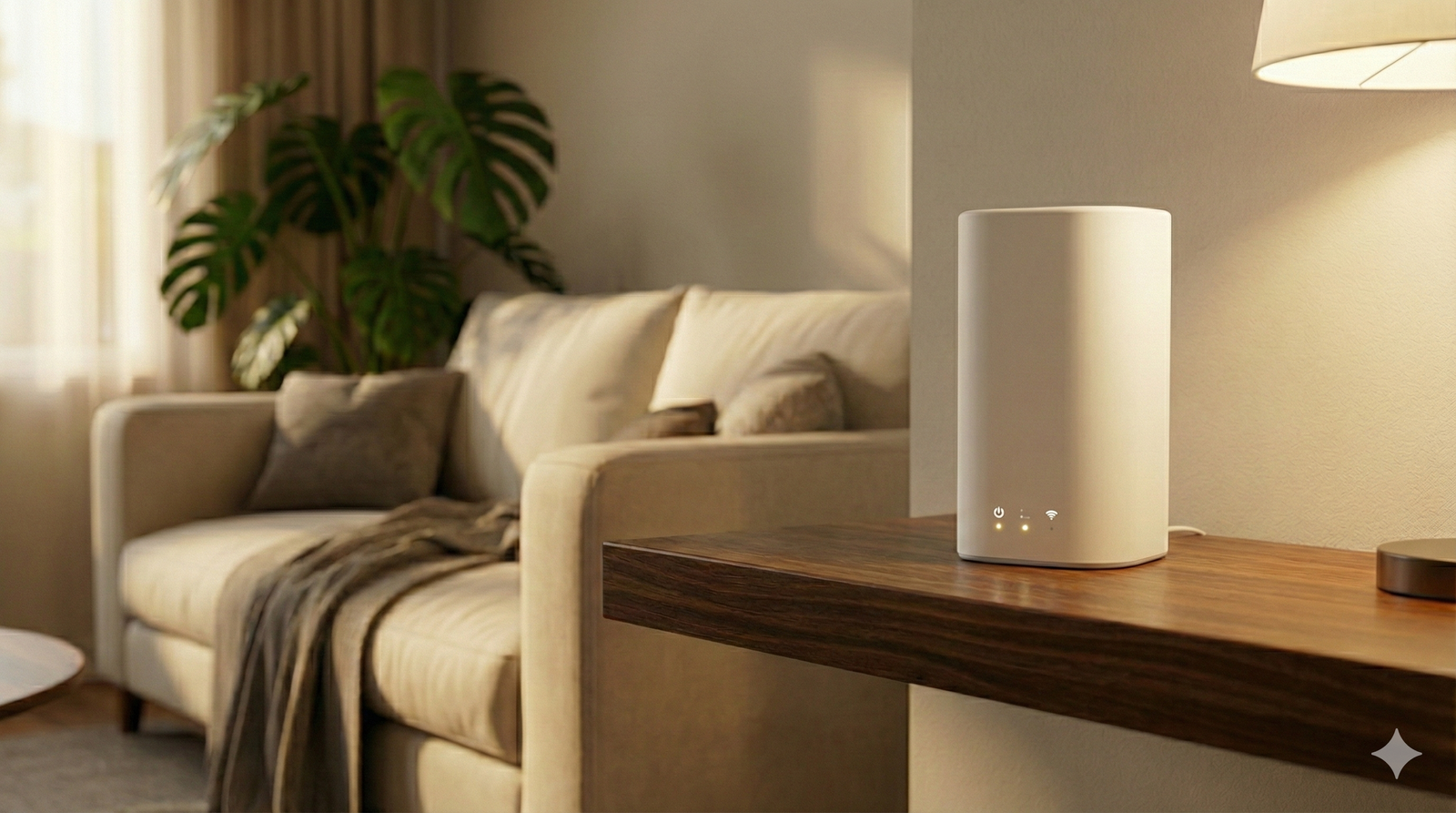 Modernus wi-fi maršrutizatorius namams, pastatytas ant lentynos jaukioje svetainėje, užtikrinantis greitą ir stabilų interneto ryšį.